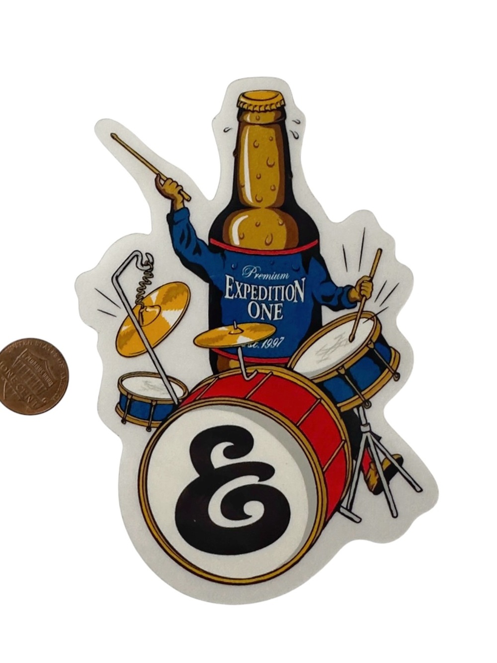 Expedition One Skateboards The Beer Bottle Drummer Man Logo Skateboard Sticker